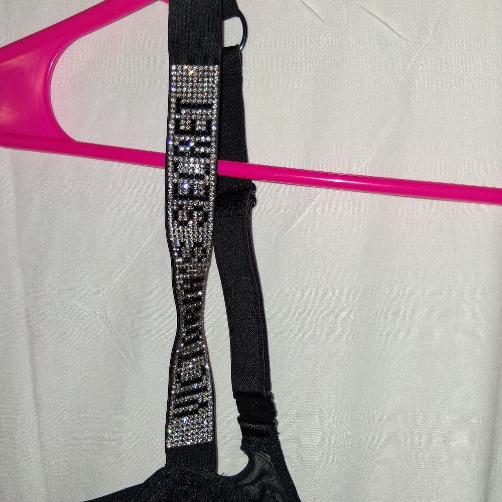 VS 32C  Logo Bling Shine Strap Wicked Black Unlined Bra Floral Lace Uplift Black - Picture 4 of 8